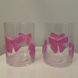 VIRAL Pink Bow Embossed Glass Clear Tumbler Cups Set of 2 NEW